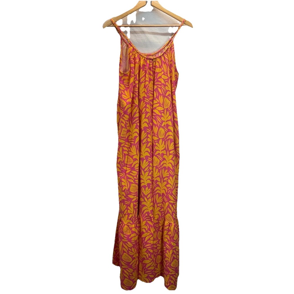 Palms Away scoop neck floral pink oversized tiered Maxi Dress Farm Rio vibes MED